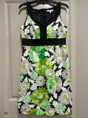 Sandra Darren Floral Cotton Dress in Black, Green & White, Sleeveless Size 12
